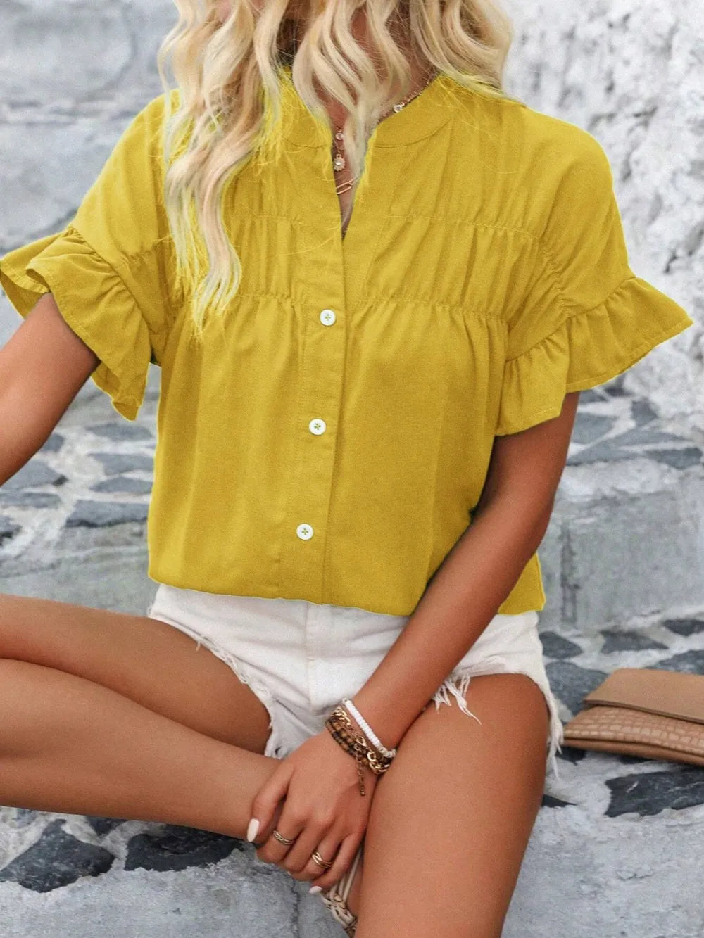 Button Down Ruffled Short Sleeve Shirt (30)