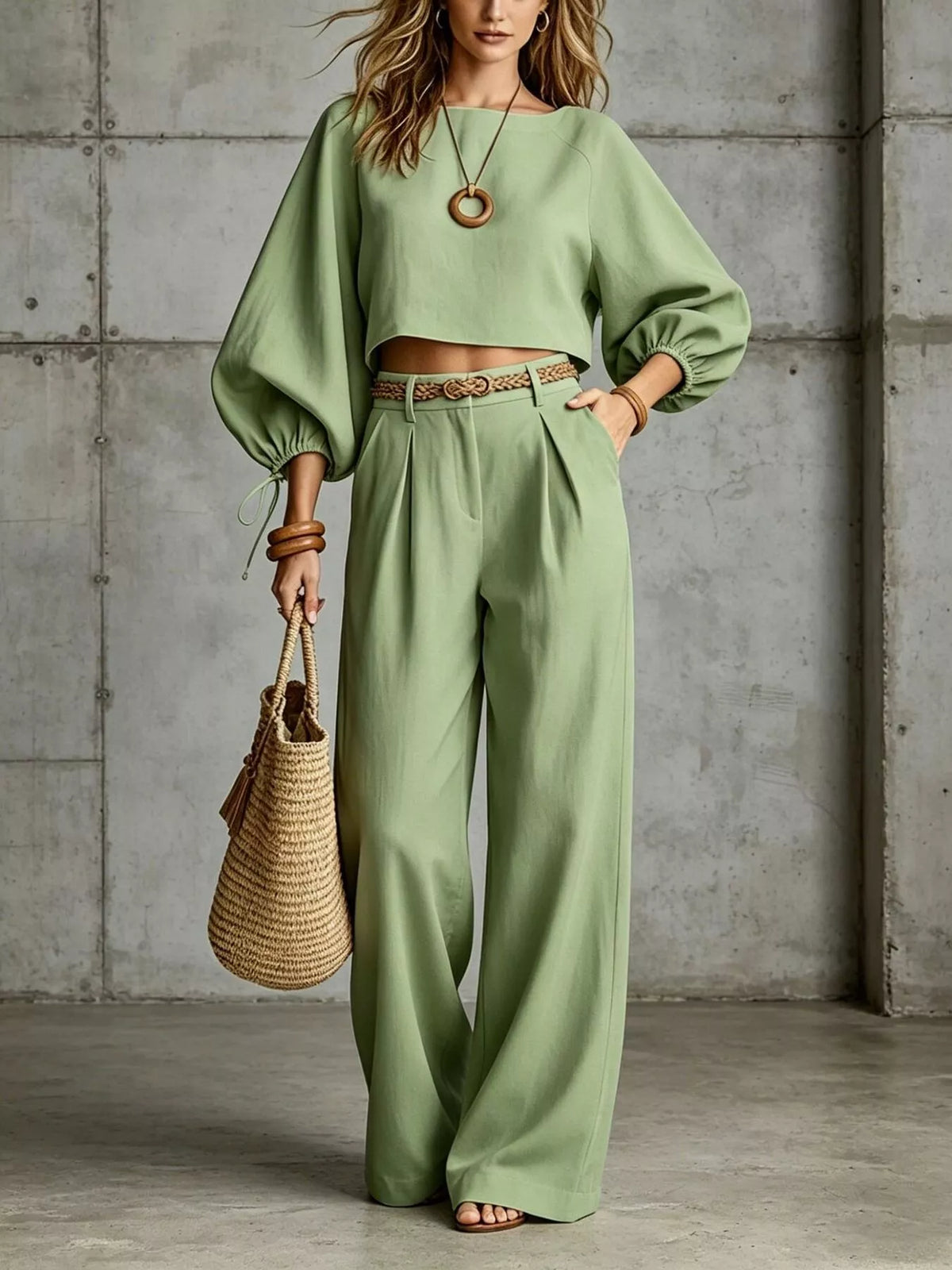 Balloon Sleeve Crop Top Wide-leg Pants Set (4)