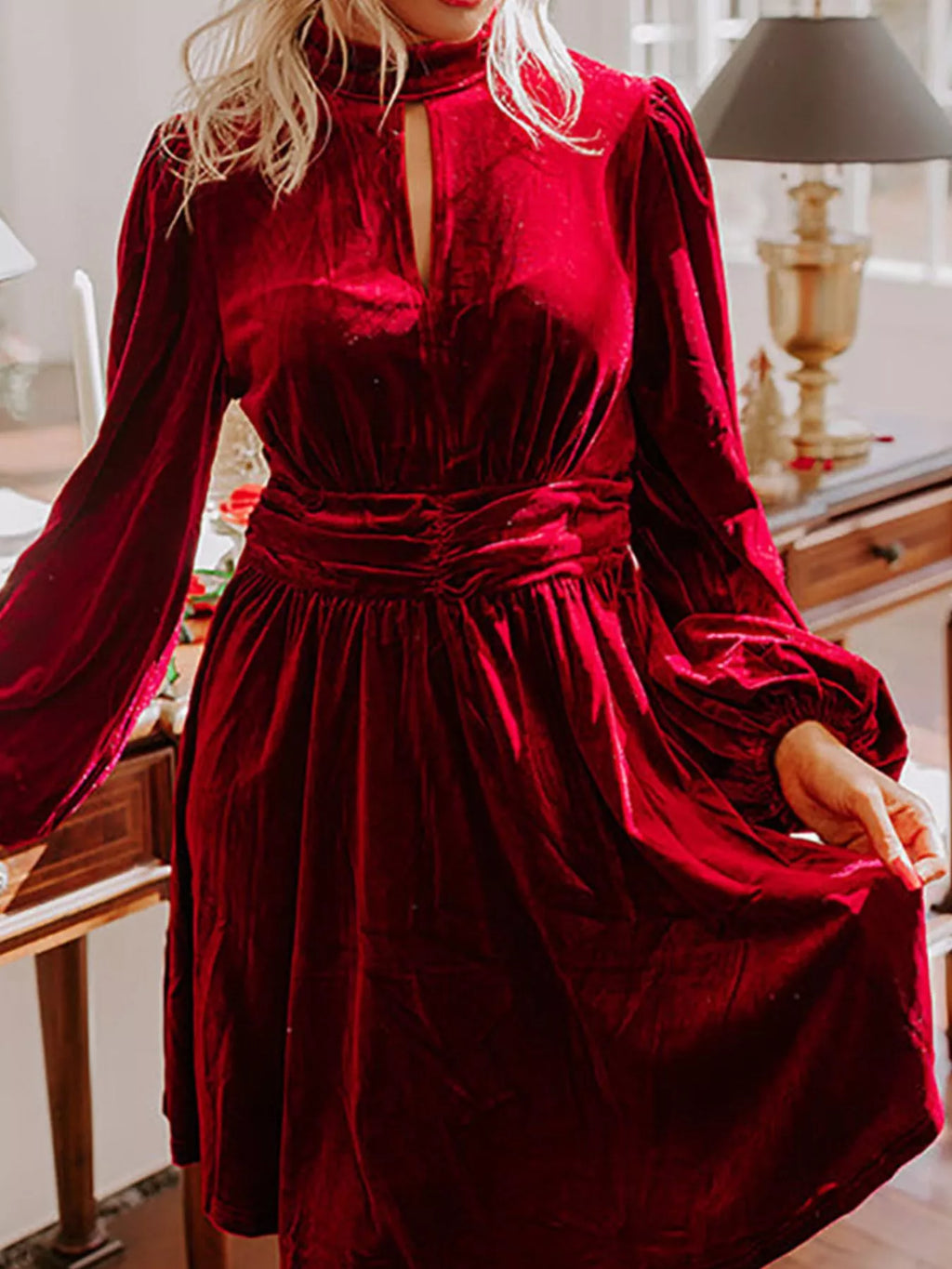 Velvet Mock Neck Balloon Sleeve Dress (11)