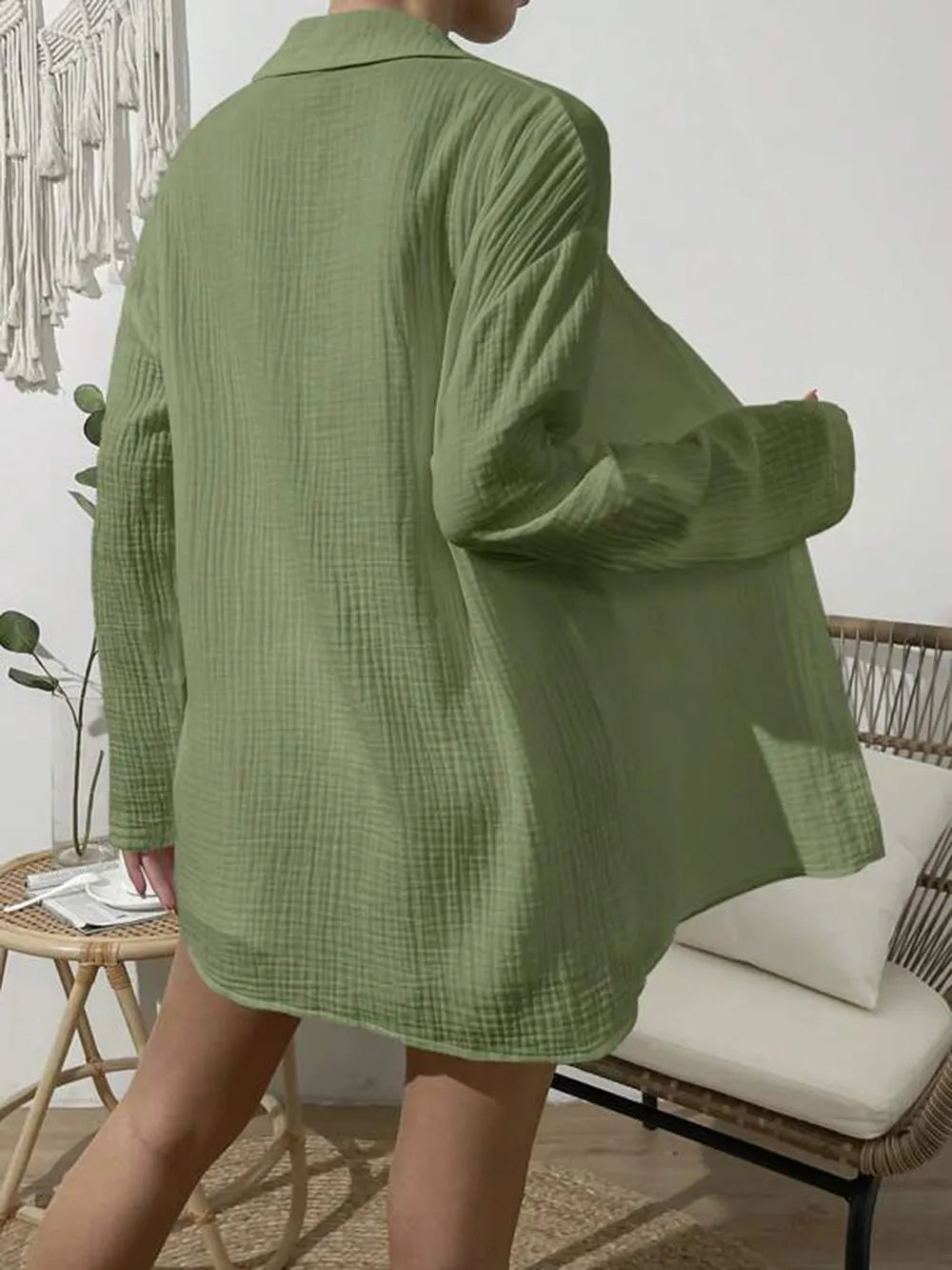 Dropped Shoulder Button Up Top Elastic Waist Shorts Set (31)