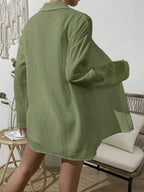 Dropped Shoulder Button Up Top Elastic Waist Shorts Set (31)