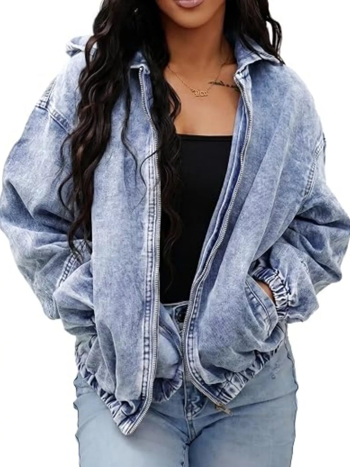 Vintage Washed Zip Up Hooded Denim Jacket (4)
