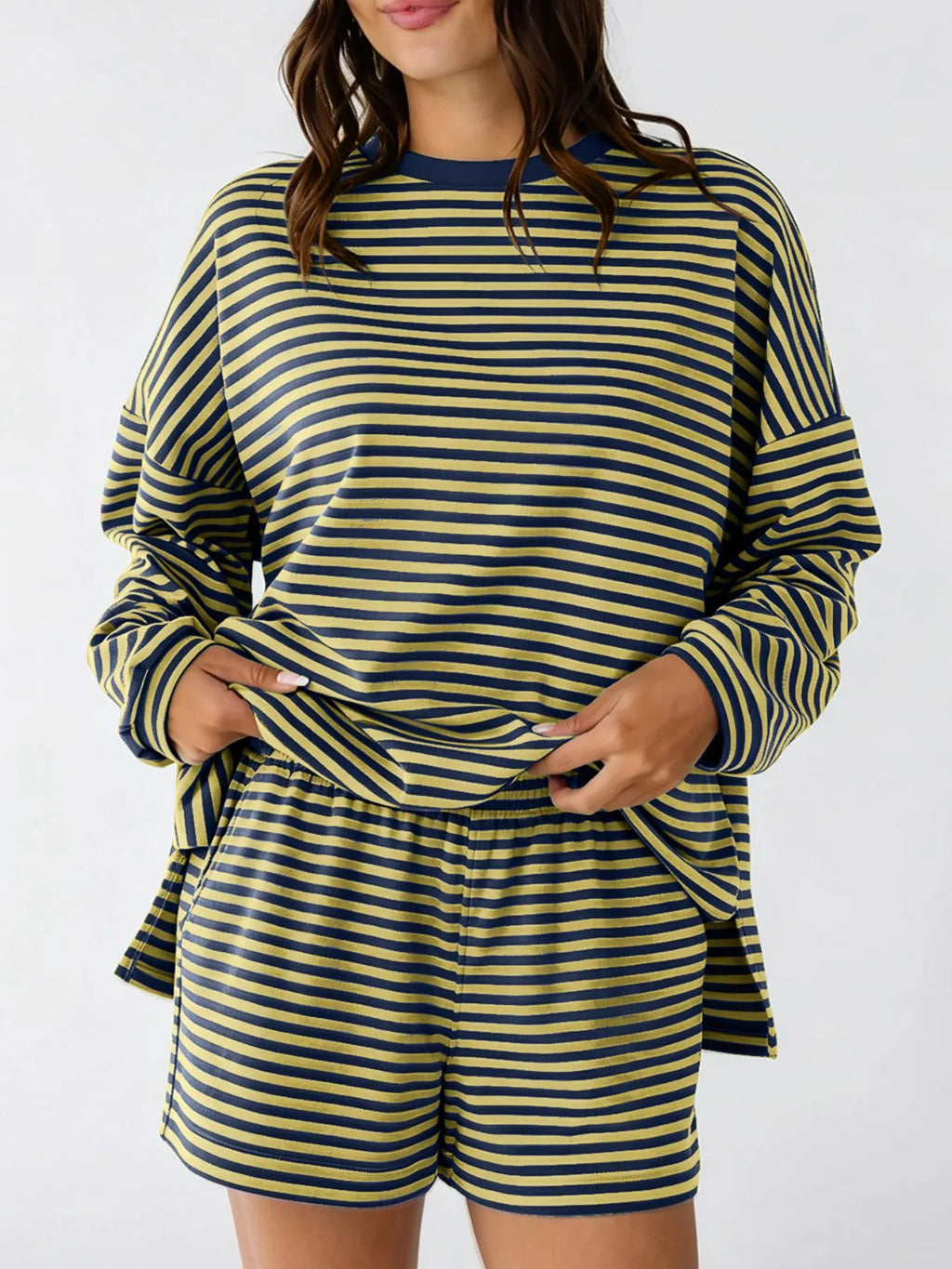 Casual Striped Long Sleeve Top Shorts Set (12)