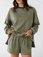 Casual Striped Long Sleeve Top Shorts Set (12)