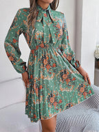 Pleated Printed Tie Neck Long Sleeve Dress (7)