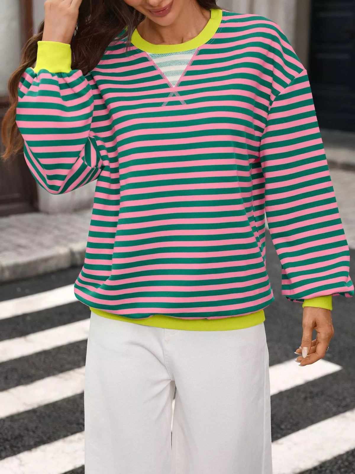 Contrast Trim Striped Crew Neck Sweatshirt (17)