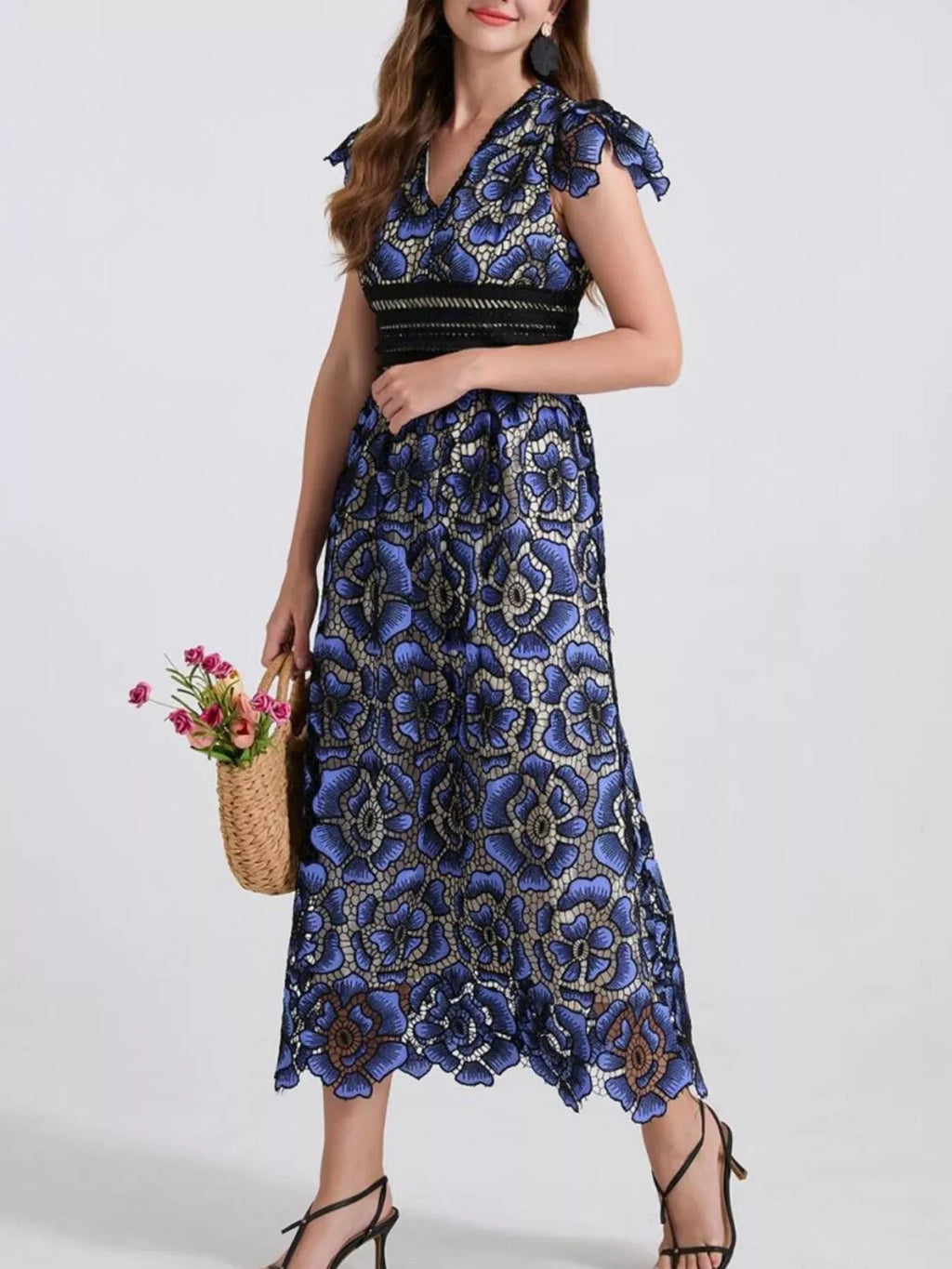 Printed V-neck Ruffle Sleeve Midi Dress (2)