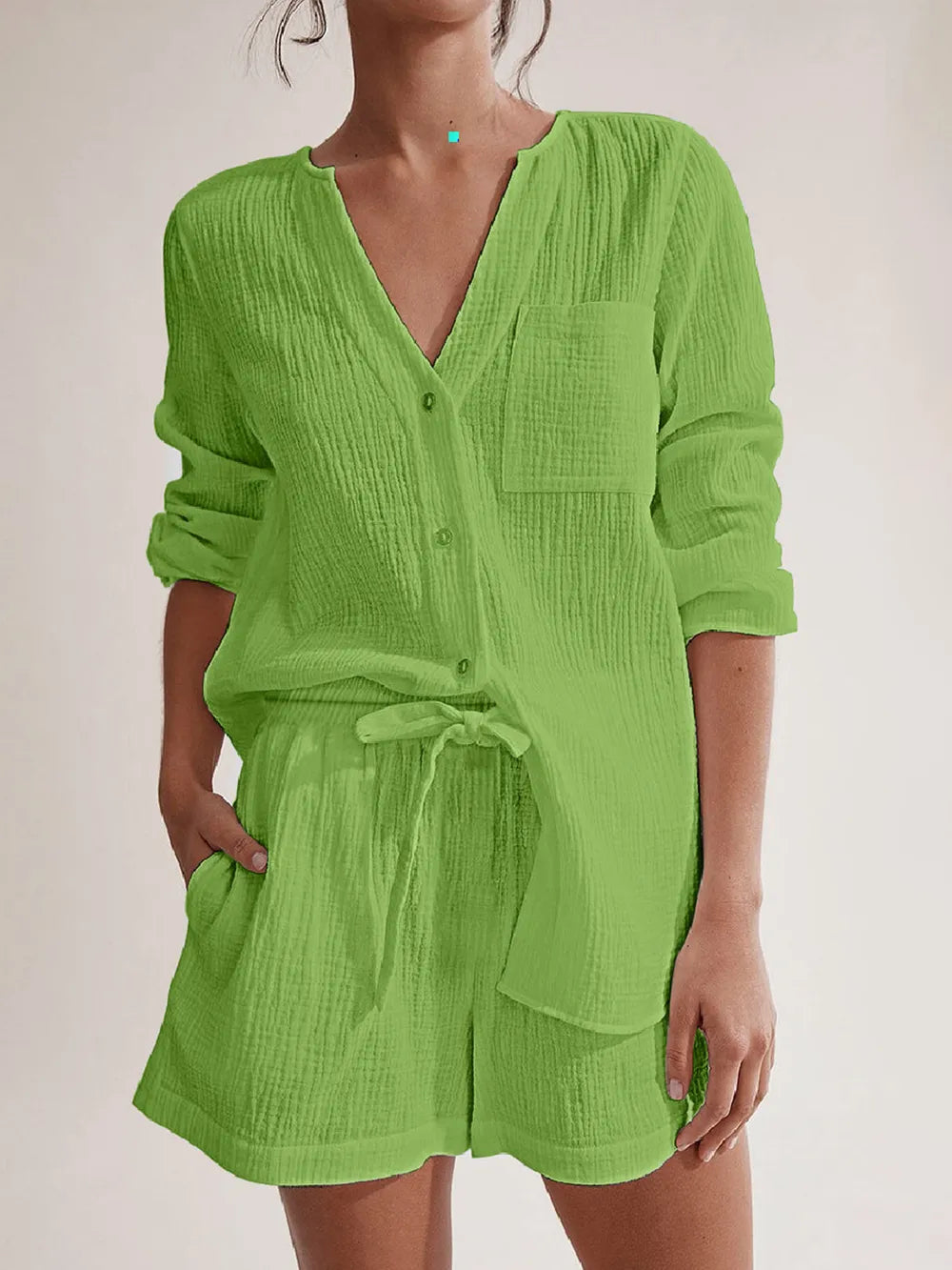 Notched Long Sleeve Top Shorts Set (16)