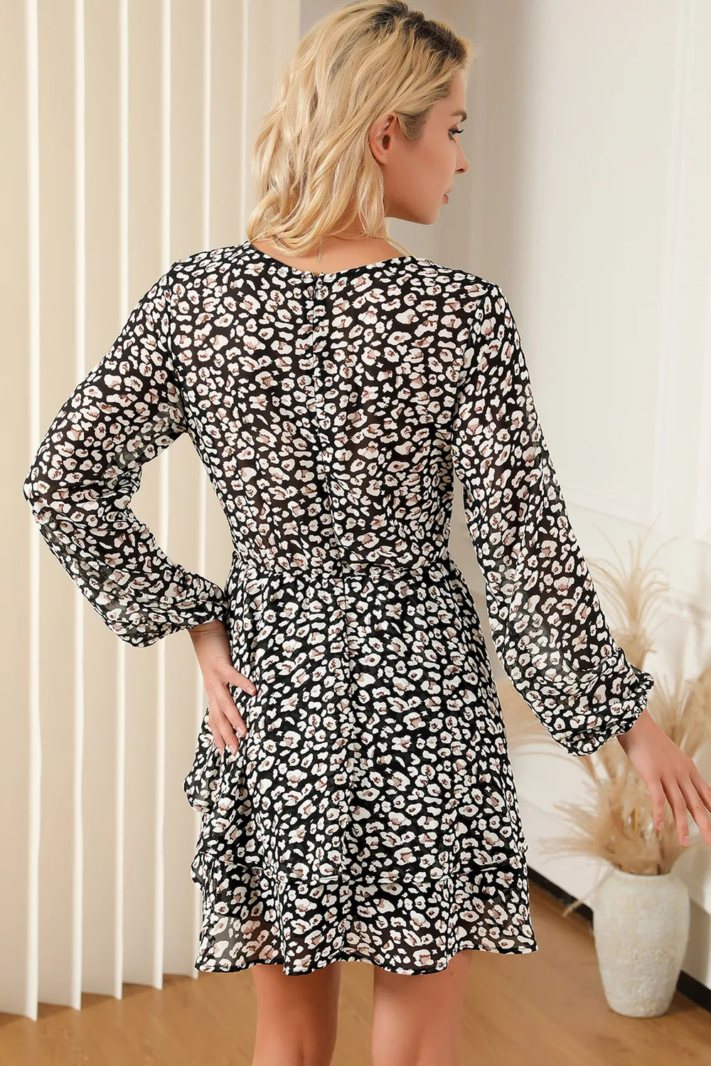 Printed Surplice Balloon Sleeve Mini Dress (11)
