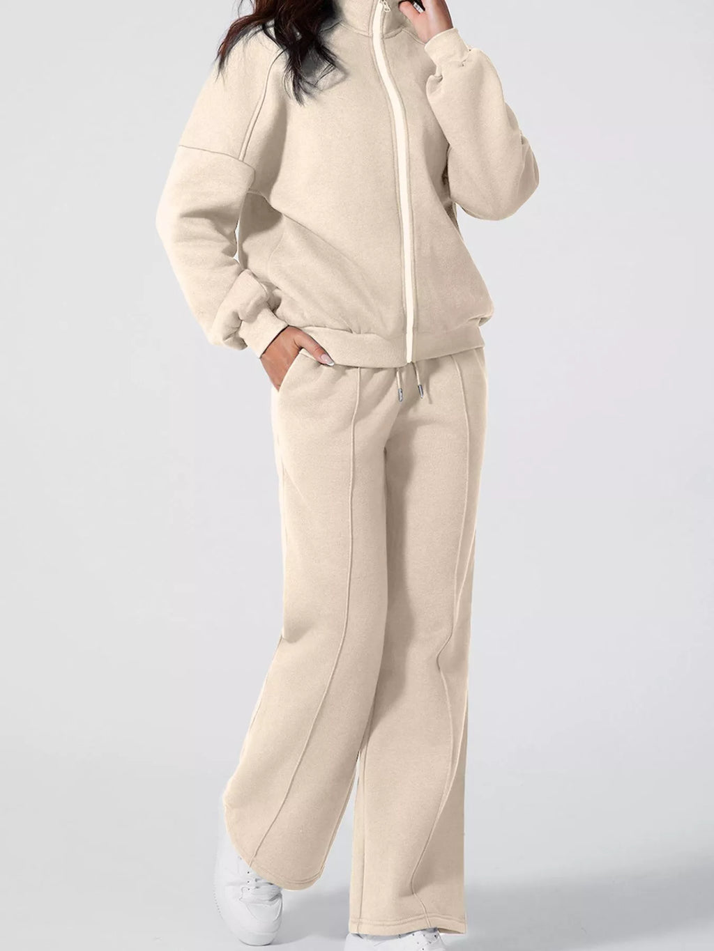 Drop Shoulder Zip Up Jacket Drawstring Pants Active 2pcs Set (5)