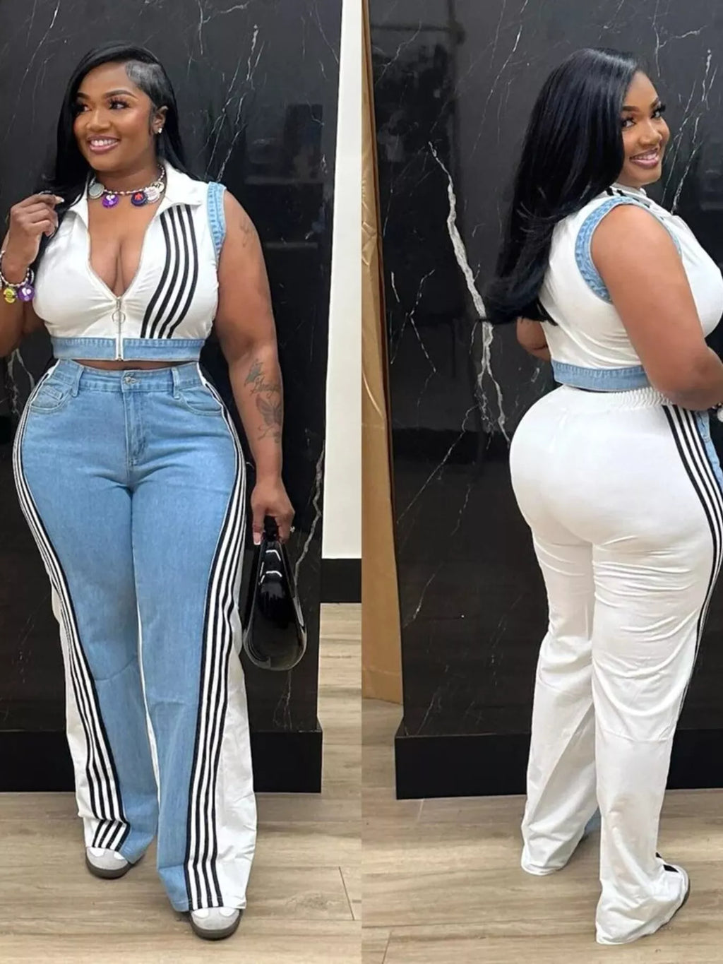 Zip Front Crop Top Striped Pants Set (3)