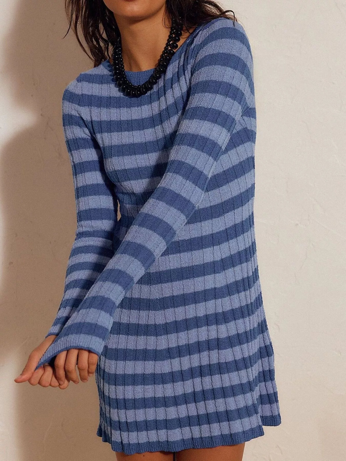 Striped Ribbed Knit Long Sleeve Sweater Dress (5)