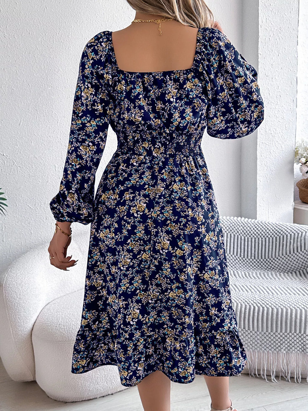 Floral Print Long Sleeve Square Neck Midi Dress (4)
