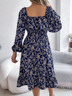 Floral Print Long Sleeve Square Neck Midi Dress (4)