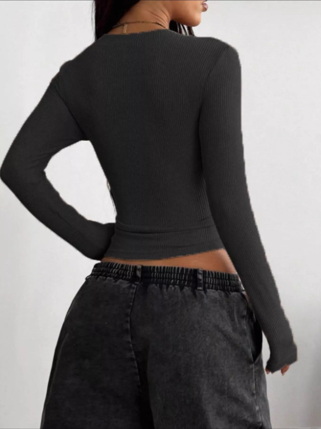 Ribbed Knit Long Sleeve V-neck Top (8)