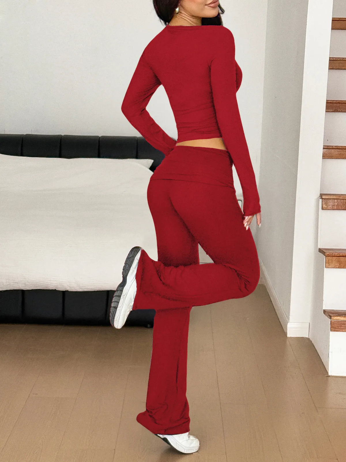 Long Sleeve Crop Top Bootcut Pants Set (12)