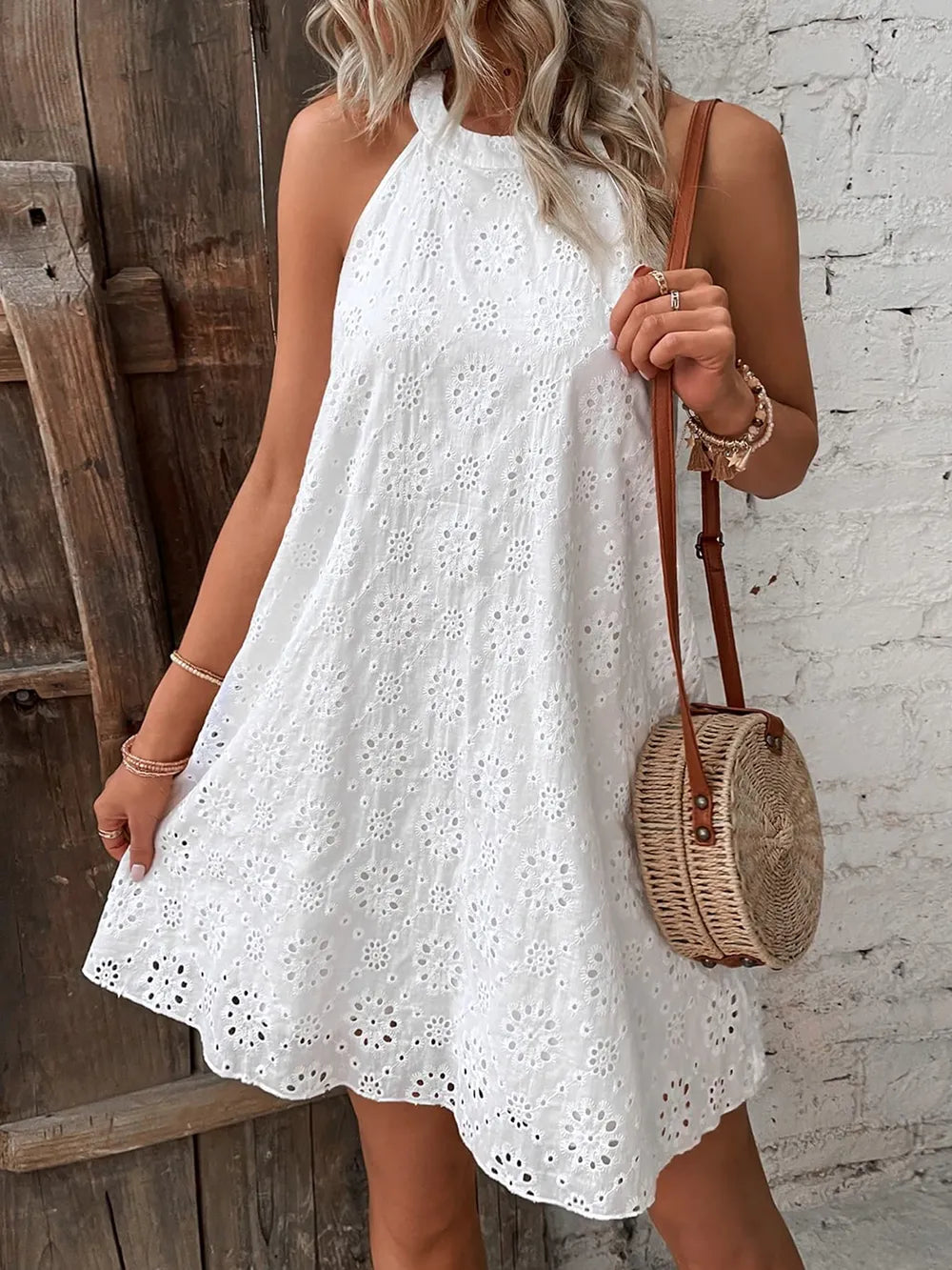 Eyelet Grecian Neck Mini Dress (5)