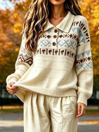 Full Size Vintage Fair Isle Pattern Polo Collar Sweater Plus (3)