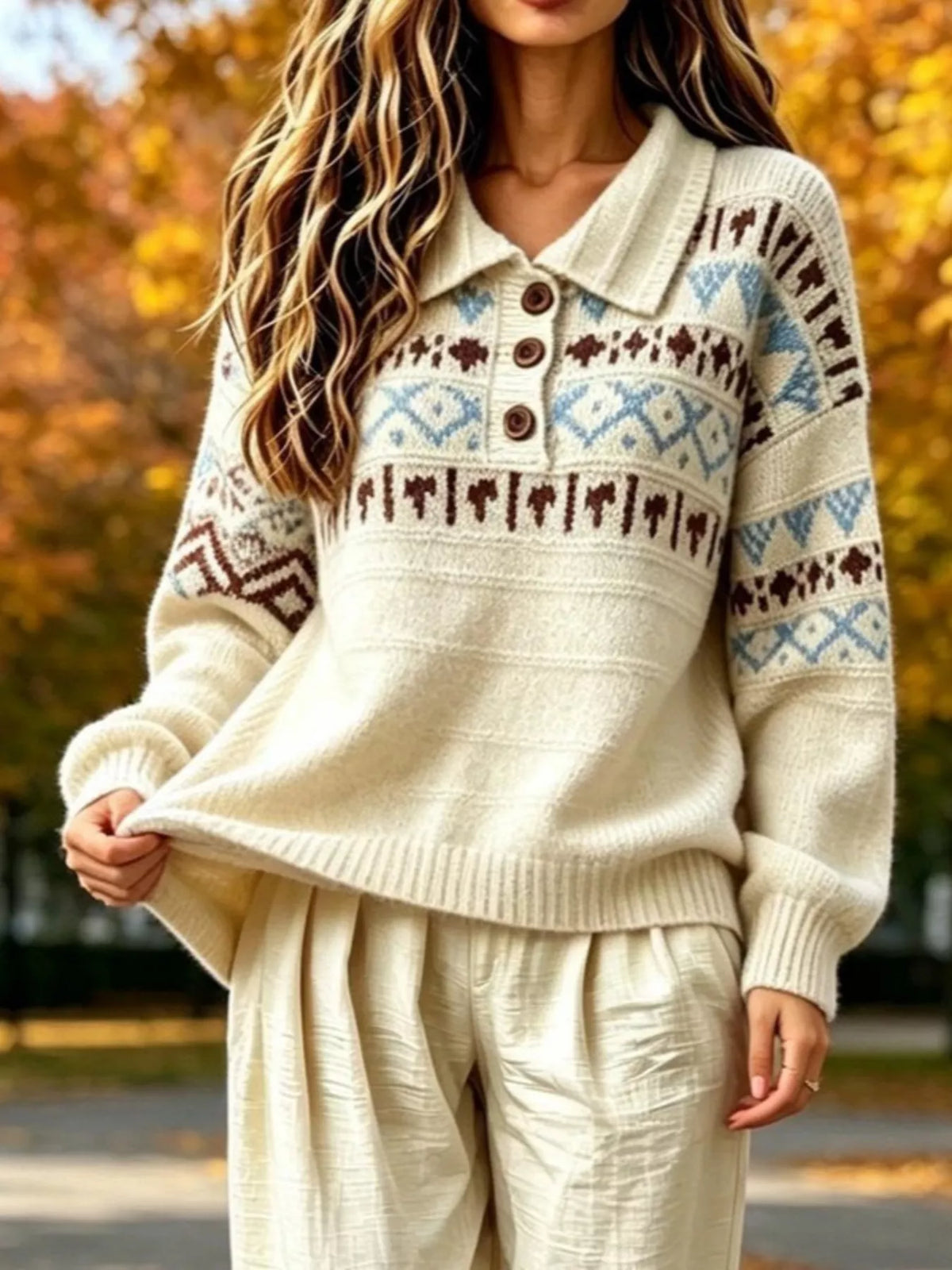 Full Size Vintage Fair Isle Pattern Polo Collar Sweater Plus (3)