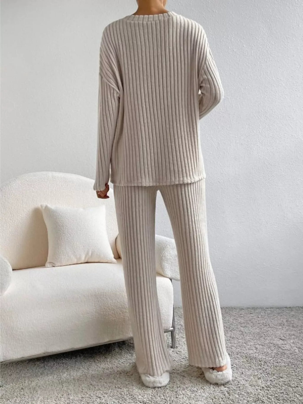 Ribbed Knit V-neck Top Pants Set (5)