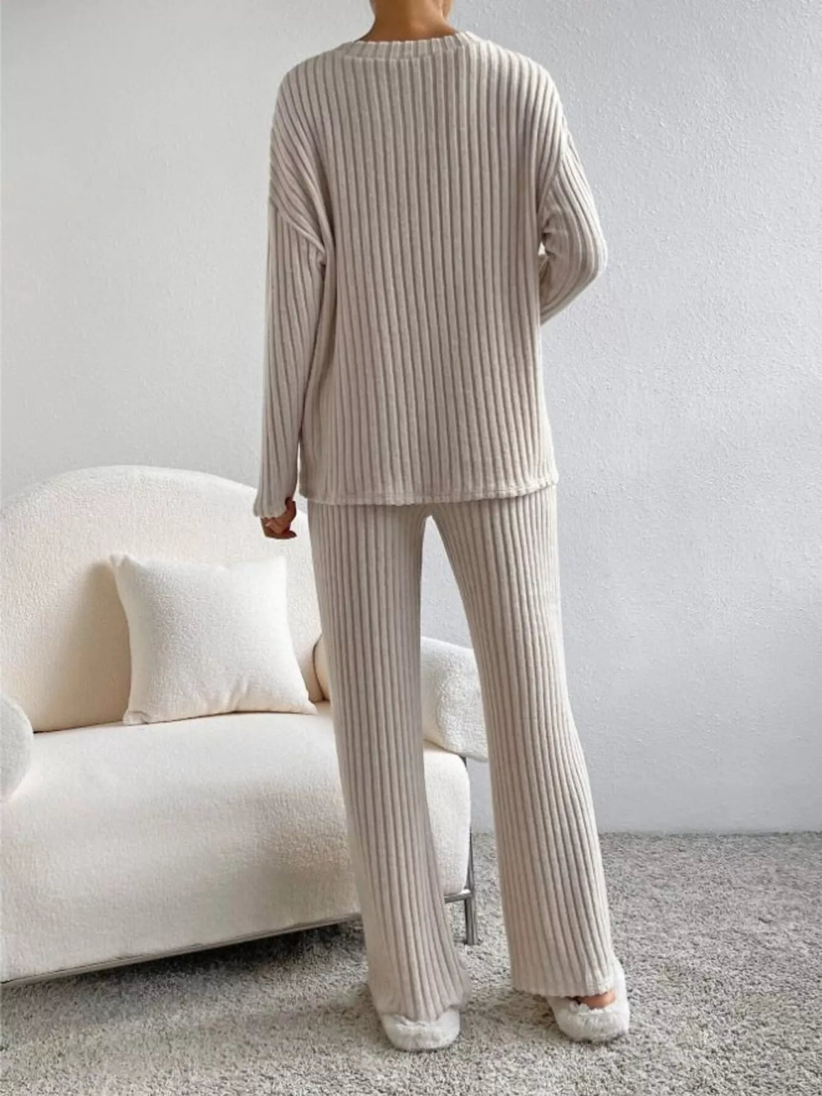 Ribbed Knit V-neck Top Pants Set (5)