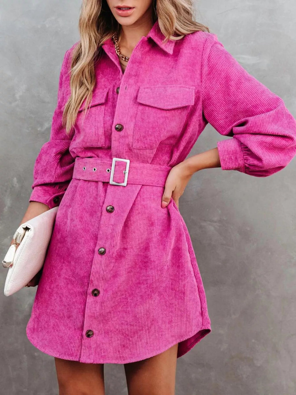 Button Front Belt Long Sleeve Corduroy Dress (2)