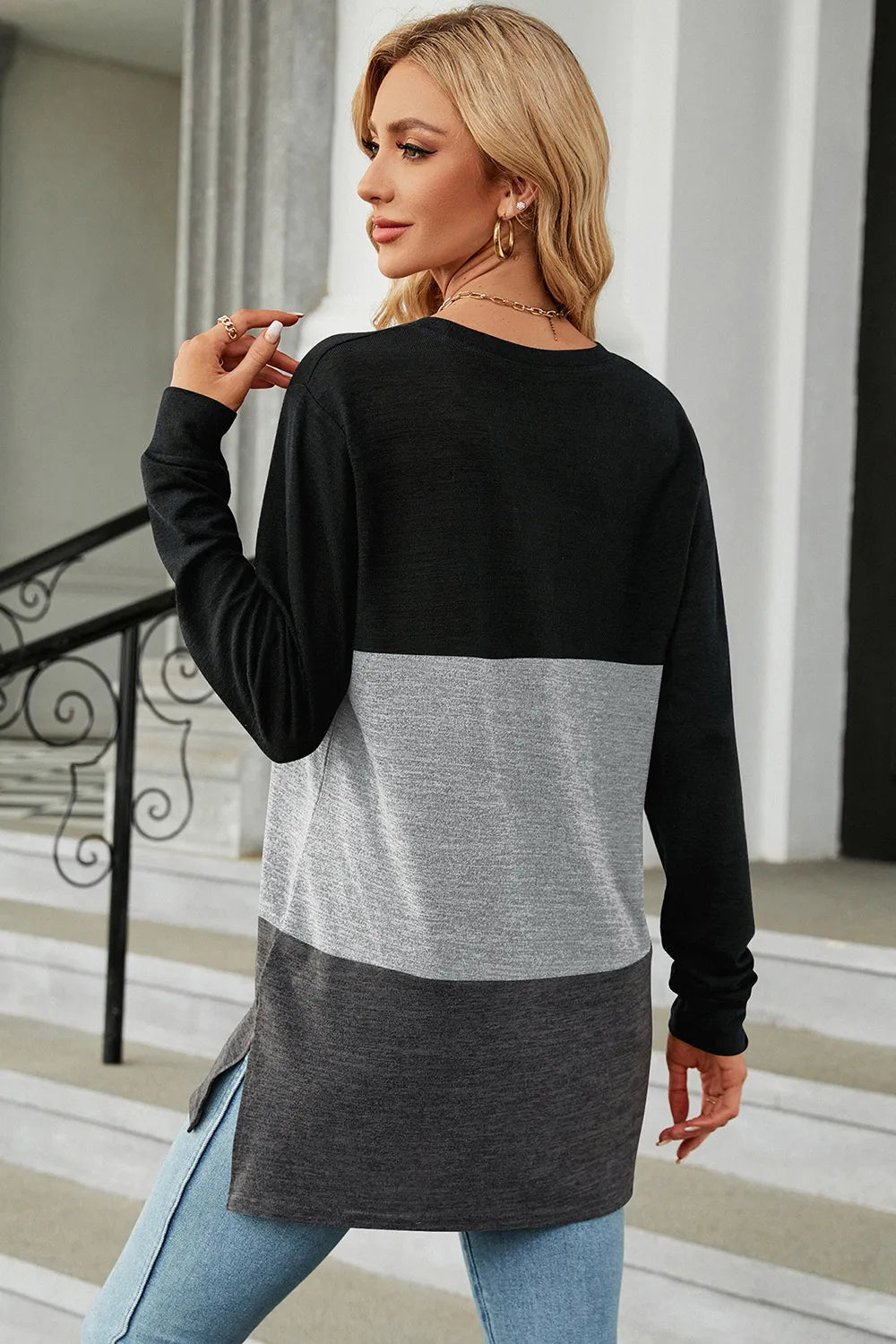 Block Round Neck Long Sleeve T-shirt (6)