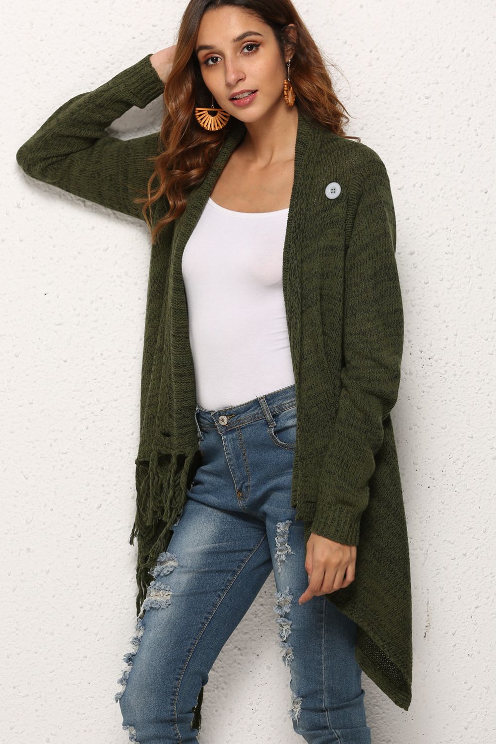 One-button Tassel Tie Asymmetrical Hem Cardigan (8)
