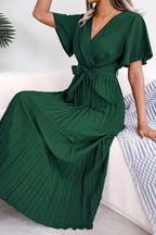 Pleated Flutter Sleeve Belted Dress (3)