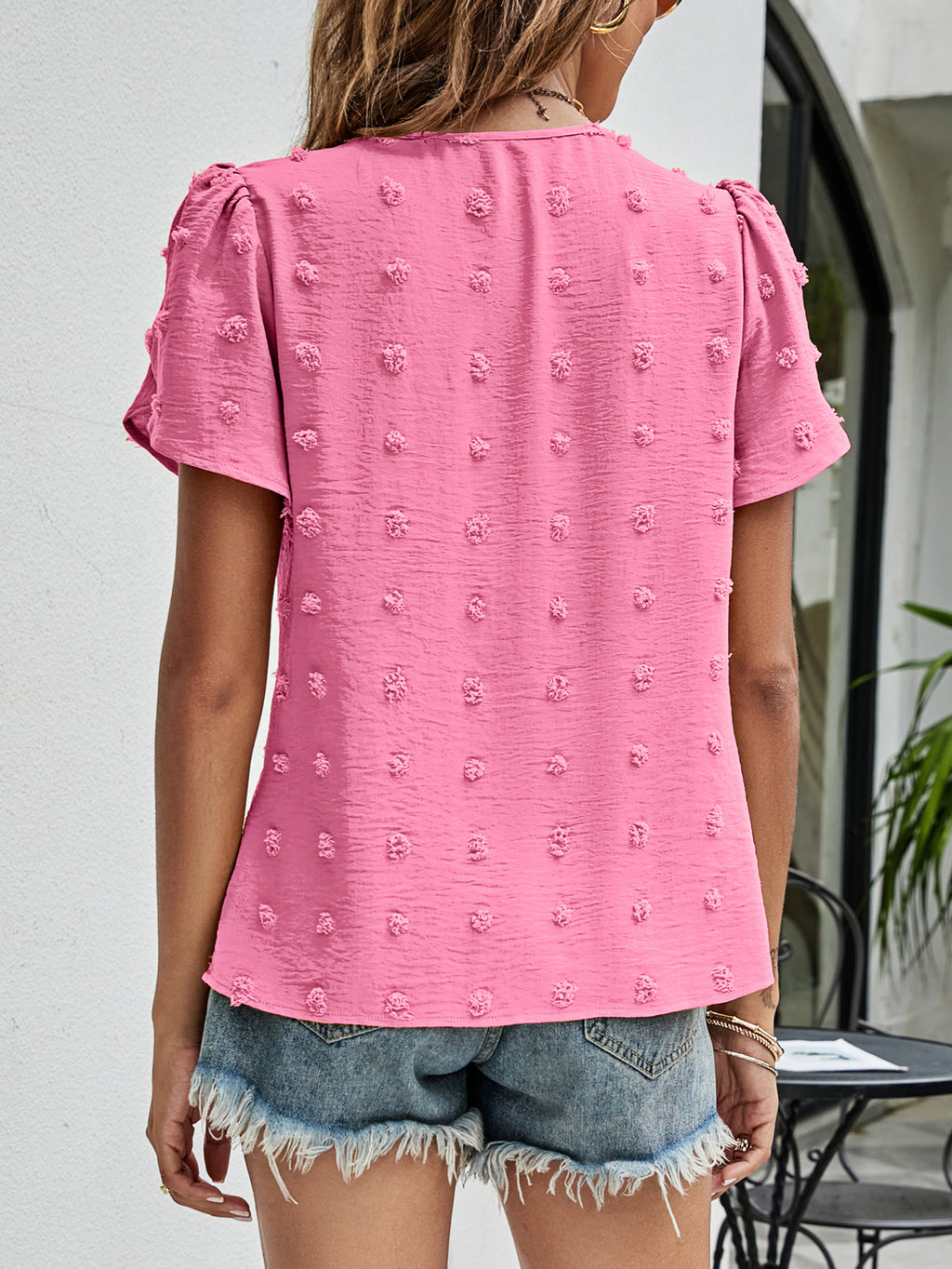 Swiss Dot Round Neck Petal Sleeve Top (2)
