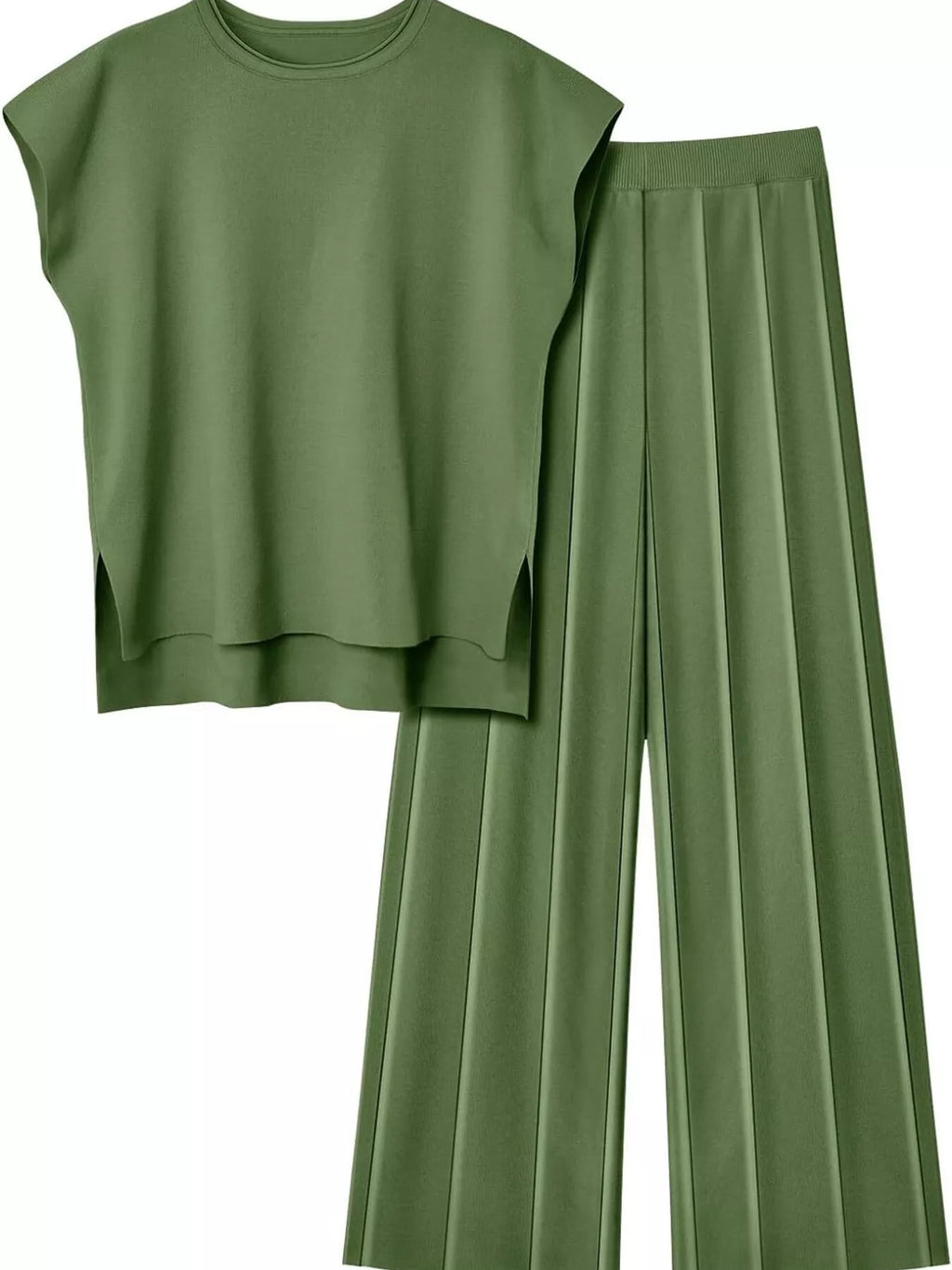 Casual Solid Color Cap Sleeve Top Pants Knit Set (18)