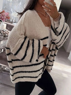 Striped Open Front Dropped Shoulder Cardigan (5)