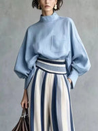 Full Size Mock Neck Top Striped Wide-leg Pants Set Plus (5)