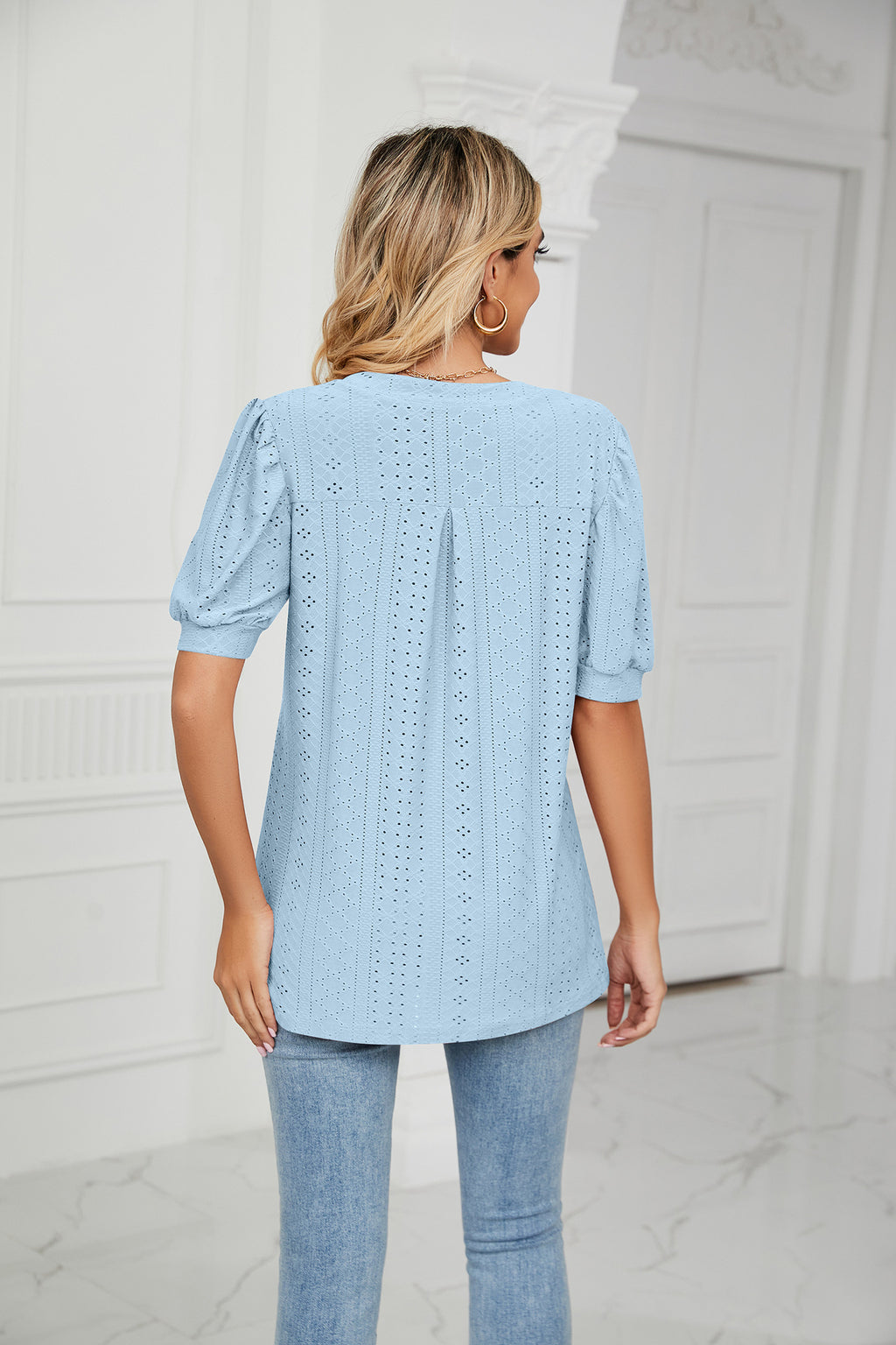 Eyelet Short Puff Sleeve Notched Neck Top (13)