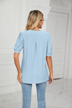Eyelet Short Puff Sleeve Notched Neck Top (13)