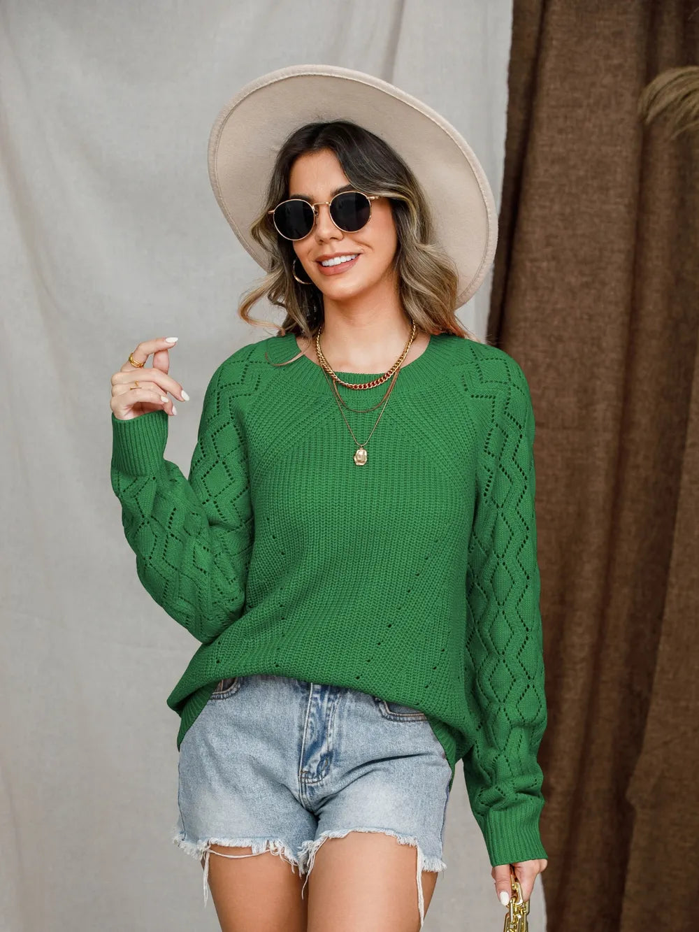 Openwork Round Neck Raglan Sleeve Sweater (13)