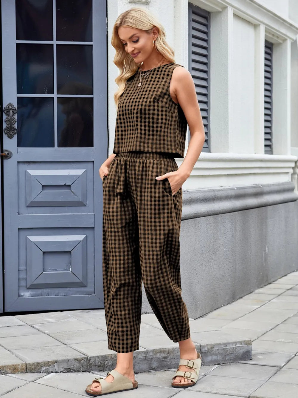 Plaid Sleeveless Top Pants Set (18)
