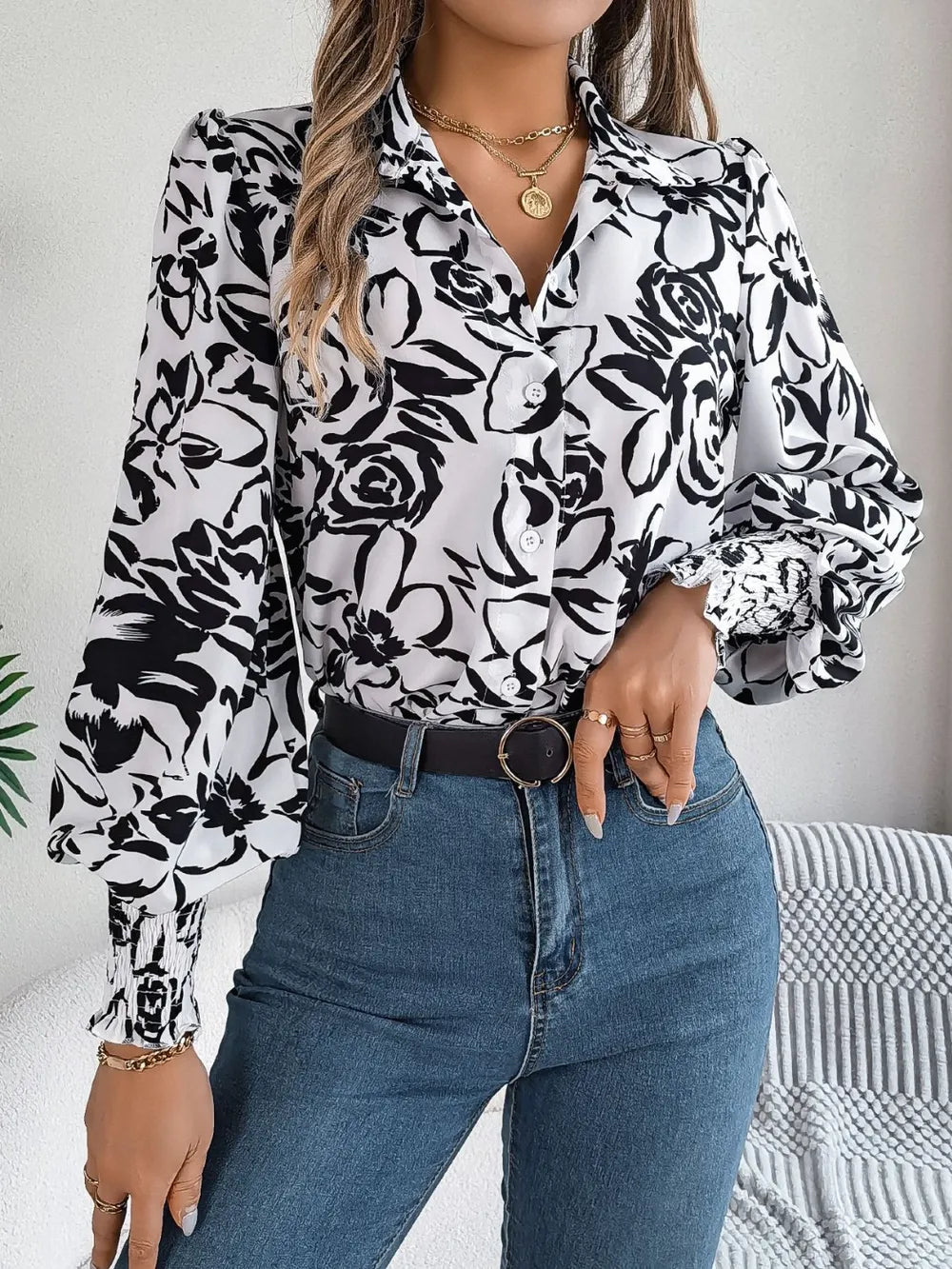Printed Collared Neck Lantern Sleeve Shirt (10)