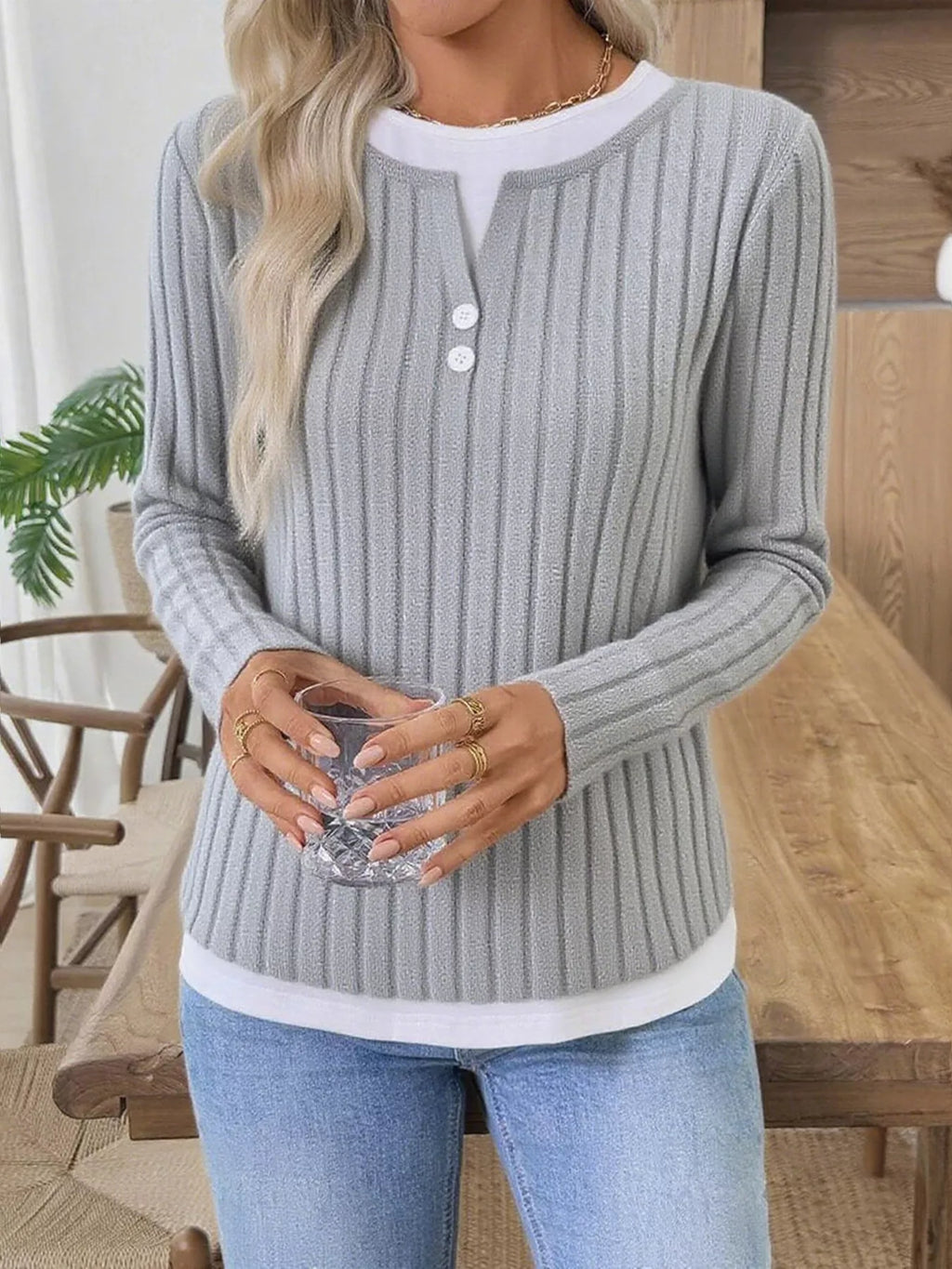 Ribbed Knit Button Detail Contrast Sweater (5)