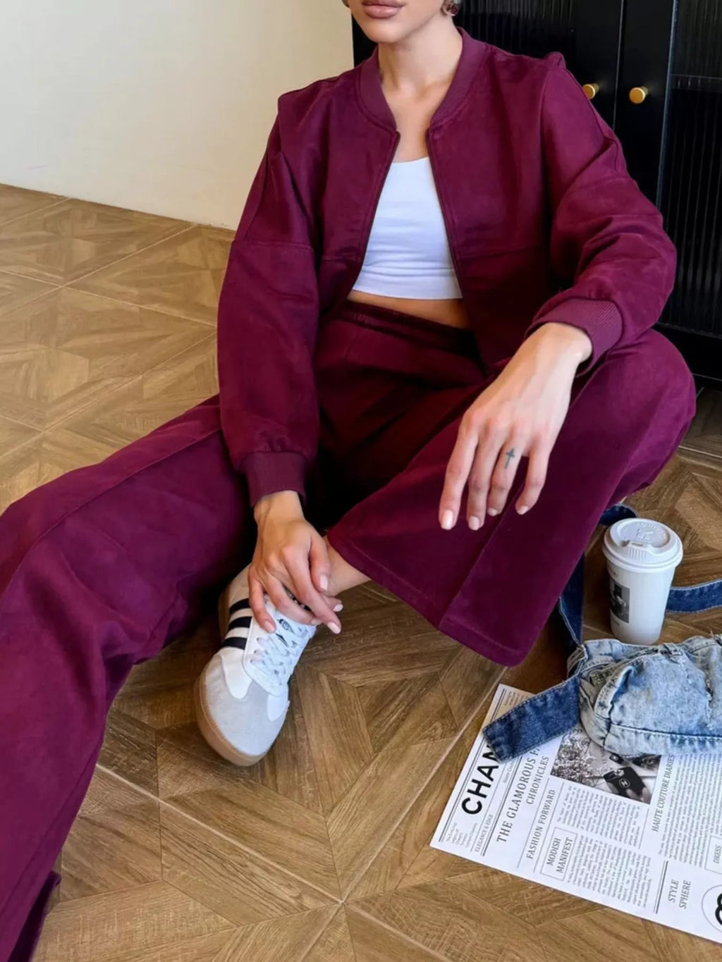 Zip Up Sweatshirt Wide-leg Pants Set (17)