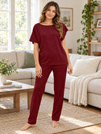 Boat Neck Top and Pants Lounge Set styled on a model
