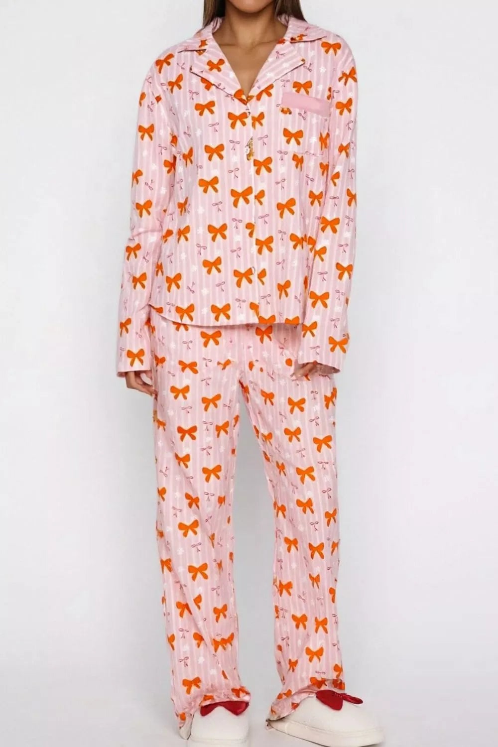 Bow-Print Top and Wide-Leg Pants Lounge Set