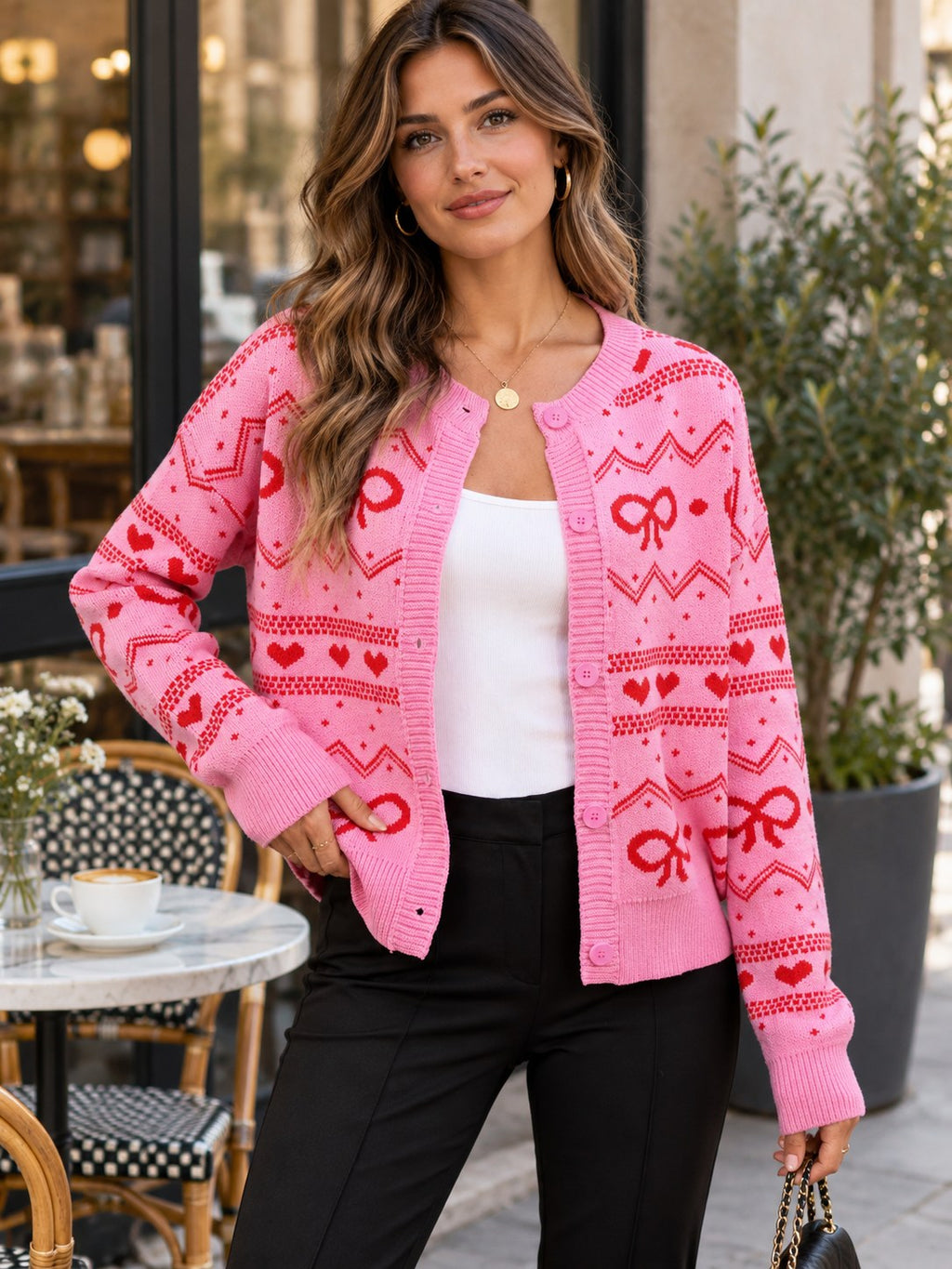 Bowknot Pattern Knit Cardigan styled on a model