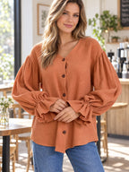 Button Up Flounce Sleeve Shirt styled on a model