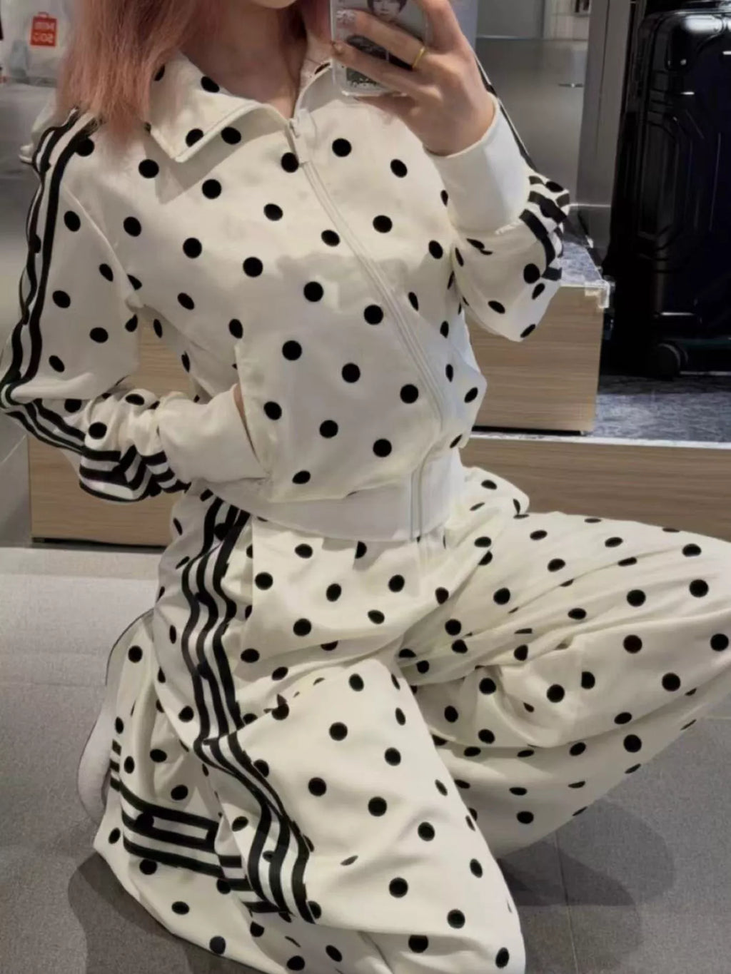Polka Dot Side Striped Outerwear Pants Set (17)