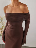 Off-shoulder Ruched Long Sleeve Maxi Dress (24)
