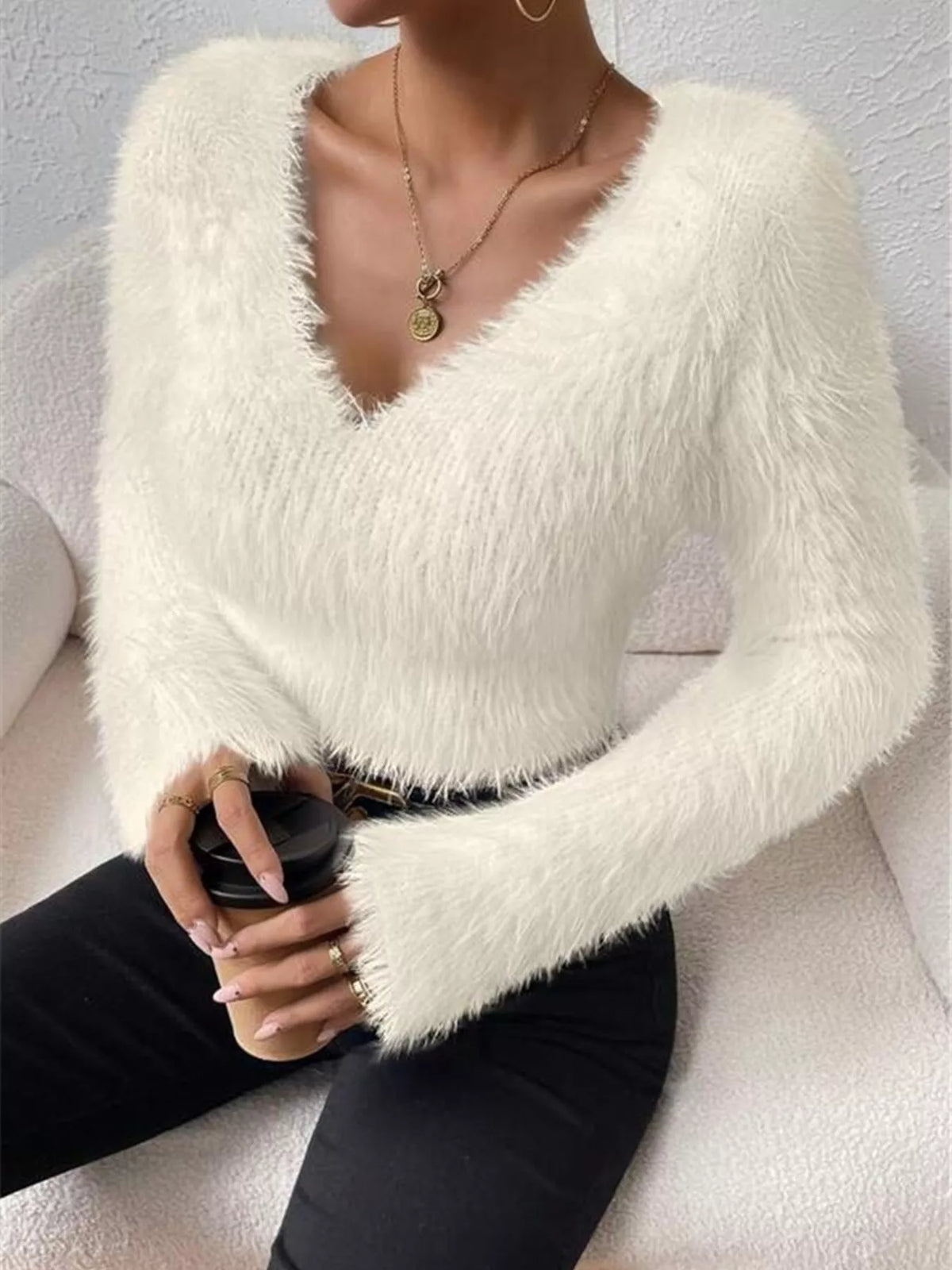 Fluffy Knit V-neck Sweater (5)