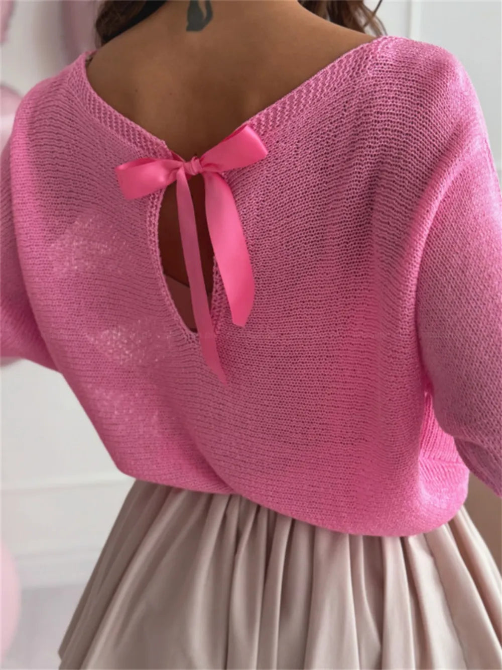 Bow Back Boat Neck Batwing Sleeve Sweater (9)