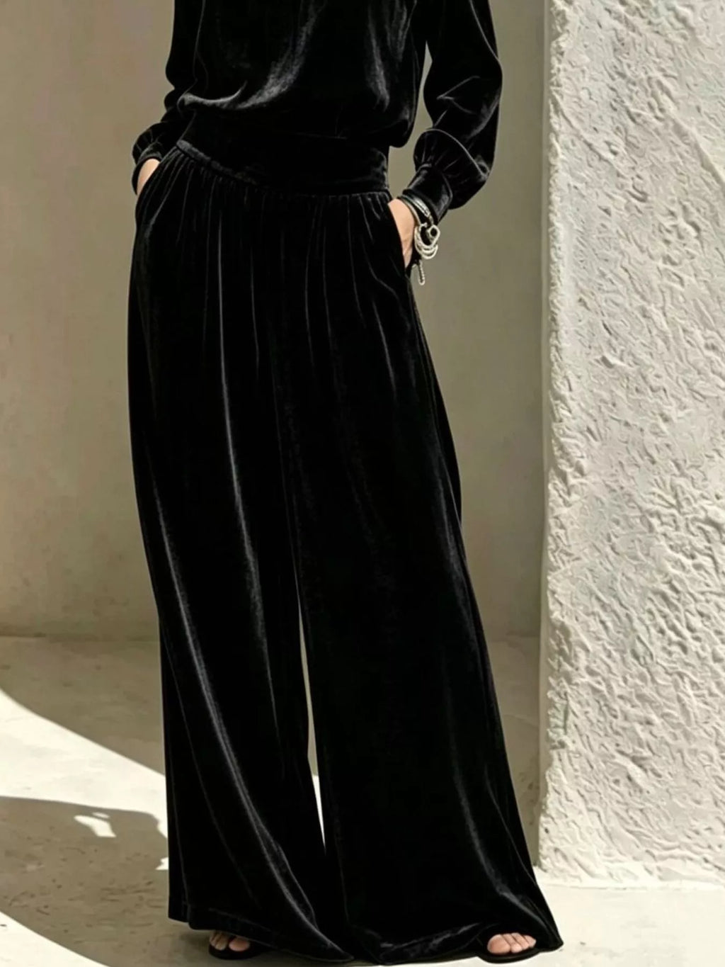 Velvet Mock Neck Long Sleeve Top Wide-leg Pants Set (12)