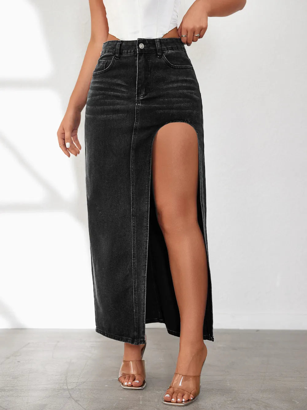 High Rise Slit Denim Skirt (2)
